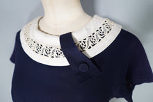 Load image into Gallery viewer, 60s NAVY BLUE RAYON WIGGLE DRESS WITH LACE COLLAR - S