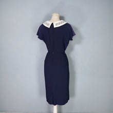 Load image into Gallery viewer, 60s NAVY BLUE RAYON WIGGLE DRESS WITH LACE COLLAR - S