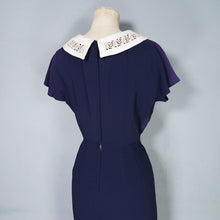 Load image into Gallery viewer, 60s NAVY BLUE RAYON WIGGLE DRESS WITH LACE COLLAR - S