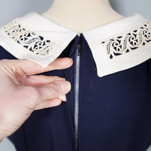 Load image into Gallery viewer, 60s NAVY BLUE RAYON WIGGLE DRESS WITH LACE COLLAR - S