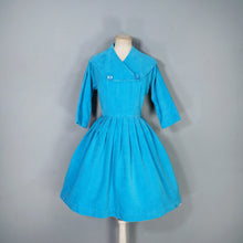 Load image into Gallery viewer, 50s 60s PEGGY PAGE TURQUOISE CORDUROY FULL SKIRTED DRESS - S