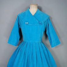 Load image into Gallery viewer, 50s 60s PEGGY PAGE TURQUOISE CORDUROY FULL SKIRTED DRESS - S