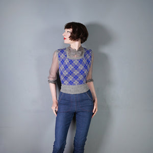40s SIDE BUTTONED BLUE AND GREY WOOL TANK TOP / JUMPER - S-M