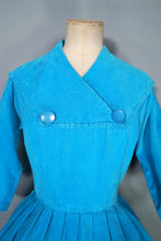 Load image into Gallery viewer, 50s 60s PEGGY PAGE TURQUOISE CORDUROY FULL SKIRTED DRESS - S