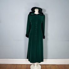 Load image into Gallery viewer, 60s 70s HANDMADE SILKY GREEN VELVET MAXI COAT WITH HOOD AND FAUX FUR - S