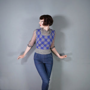 40s SIDE BUTTONED BLUE AND GREY WOOL TANK TOP / JUMPER - S-M