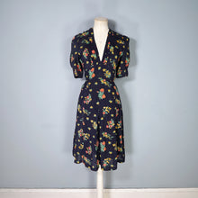 Load image into Gallery viewer, 70s JEFF BANKS BLACK FLORAL 40s INSPIRED SILKY TEA DRESS - S
