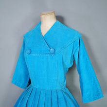 Load image into Gallery viewer, 50s 60s PEGGY PAGE TURQUOISE CORDUROY FULL SKIRTED DRESS - S