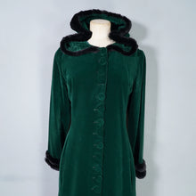 Load image into Gallery viewer, 60s 70s HANDMADE SILKY GREEN VELVET MAXI COAT WITH HOOD AND FAUX FUR - S
