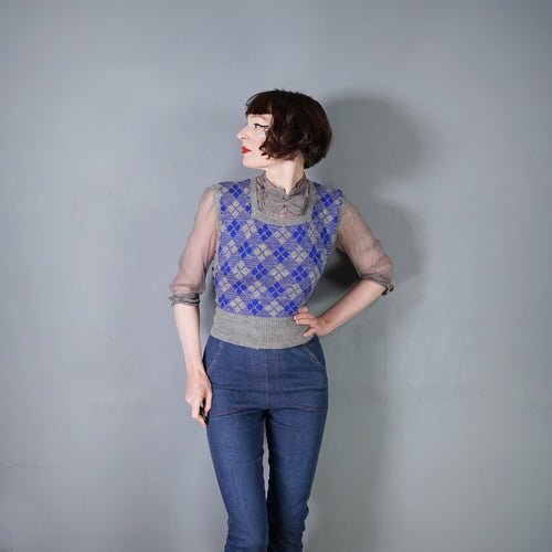 40s SIDE BUTTONED BLUE AND GREY WOOL TANK TOP / JUMPER - S-M