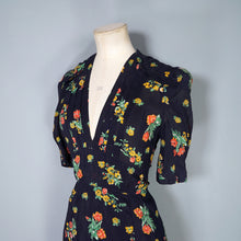 Load image into Gallery viewer, 70s JEFF BANKS BLACK FLORAL 40s INSPIRED SILKY TEA DRESS - S