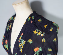 Load image into Gallery viewer, 70s JEFF BANKS BLACK FLORAL 40s INSPIRED SILKY TEA DRESS - S