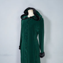Load image into Gallery viewer, 60s 70s HANDMADE SILKY GREEN VELVET MAXI COAT WITH HOOD AND FAUX FUR - S