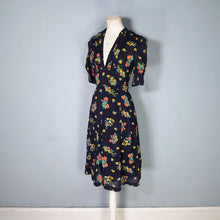 Load image into Gallery viewer, 70s JEFF BANKS BLACK FLORAL 40s INSPIRED SILKY TEA DRESS - S