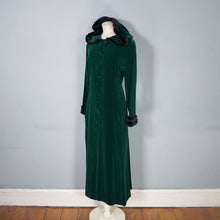 Load image into Gallery viewer, 60s 70s HANDMADE SILKY GREEN VELVET MAXI COAT WITH HOOD AND FAUX FUR - S
