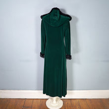Load image into Gallery viewer, 60s 70s HANDMADE SILKY GREEN VELVET MAXI COAT WITH HOOD AND FAUX FUR - S