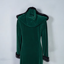 Load image into Gallery viewer, 60s 70s HANDMADE SILKY GREEN VELVET MAXI COAT WITH HOOD AND FAUX FUR - S
