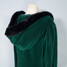 Load image into Gallery viewer, 60s 70s HANDMADE SILKY GREEN VELVET MAXI COAT WITH HOOD AND FAUX FUR - S