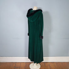 Load image into Gallery viewer, 60s 70s HANDMADE SILKY GREEN VELVET MAXI COAT WITH HOOD AND FAUX FUR - S