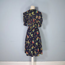 Load image into Gallery viewer, 70s JEFF BANKS BLACK FLORAL 40s INSPIRED SILKY TEA DRESS - S