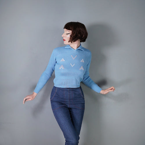 60s TRENT VALLEY LIGHT BLUE CROPPED WOOL SPORTS JUMPER - XS
