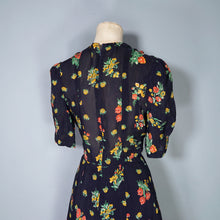 Load image into Gallery viewer, 70s JEFF BANKS BLACK FLORAL 40s INSPIRED SILKY TEA DRESS - S