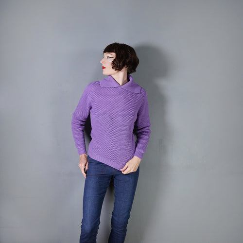 60s PURPLE PATTERNED SHAWL COWL COLLAR WOOL JUMPER - S