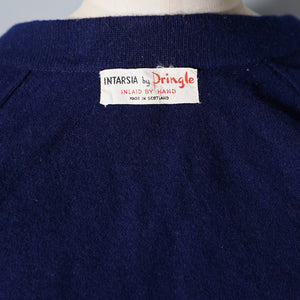 50s / 60s NAVY BLUE PRINGLE SCOTTISH HAND INLAID INTARSIA BLUEBELL CARDIGAN - S