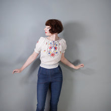 Load image into Gallery viewer, 50s HUNGARIAN HAND EMBROIDERED SILKY WHITE FOLK BLOUSE - S-M