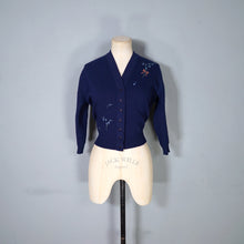 Load image into Gallery viewer, 50s / 60s NAVY BLUE PRINGLE SCOTTISH HAND INLAID INTARSIA BLUEBELL CARDIGAN - S
