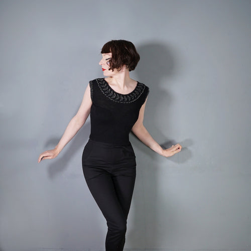 50s FINE KNIT BLACK BEADED EVENING JUMPER TOP - XS-S