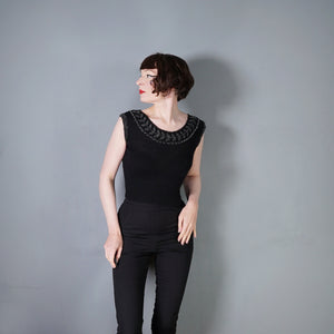 50s FINE KNIT BLACK BEADED EVENING JUMPER TOP - XS-S