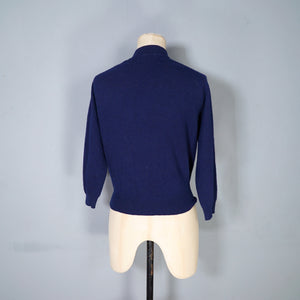 50s / 60s NAVY BLUE PRINGLE SCOTTISH HAND INLAID INTARSIA BLUEBELL CARDIGAN - S