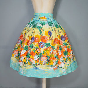 50s BEACH AND VILLAGE LANDSCAPE BORDER PRINT NOVELTY COTTON SKIRT - 24"