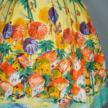 Load image into Gallery viewer, 50s BEACH AND VILLAGE LANDSCAPE BORDER PRINT NOVELTY COTTON SKIRT - 24&quot;
