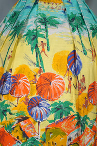 50s BEACH AND VILLAGE LANDSCAPE BORDER PRINT NOVELTY COTTON SKIRT - 24"