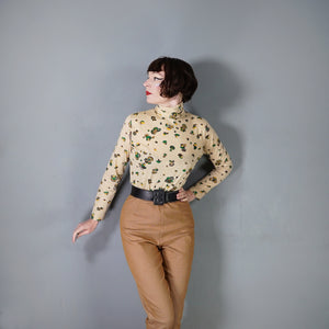 70s BEIGE ROLL NECK JERSEY TOP WITH MUSHROOM NOVELTY PRINT - S-M