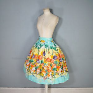 50s BEACH AND VILLAGE LANDSCAPE BORDER PRINT NOVELTY COTTON SKIRT - 24"