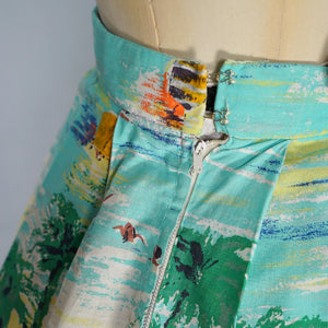 50s BEACH AND VILLAGE LANDSCAPE BORDER PRINT NOVELTY COTTON SKIRT - 24"