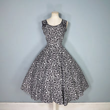 Load image into Gallery viewer, 50s BLACK AND WHITE DANCER NOVELTY PRINT FULL SKIRTED COTTON DRESS - S