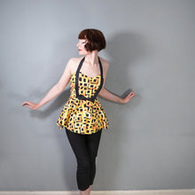 Load image into Gallery viewer, 50s YELLOW AND BLACK PRINT SKIRTED COTTON SWIM DRESS / SUMMER TOP - S