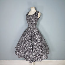 Load image into Gallery viewer, 50s BLACK AND WHITE DANCER NOVELTY PRINT FULL SKIRTED COTTON DRESS - S