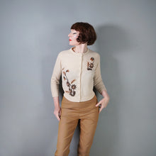 Load image into Gallery viewer, 50s PALE HONEY SOFT WOOL BEADED CARDIGAN WITH BRONZE FLOWERS - S