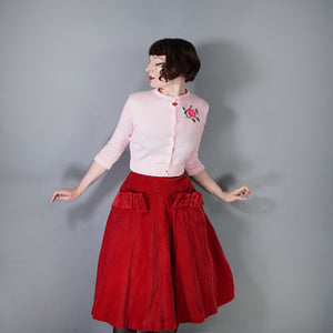 50s STYLE HANDKNIT BALLET PINK ROSE INTARSIAN CROPPED CARDIGAN - XS-S