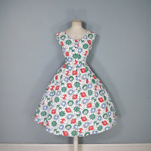 50s WAFFLE COTTON NAUTICAL ANCHOR LANTERN AND COMPASS NOVELTY PRINT DRESS - S