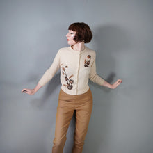 Load image into Gallery viewer, 50s PALE HONEY SOFT WOOL BEADED CARDIGAN WITH BRONZE FLOWERS - S