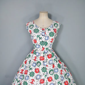 50s WAFFLE COTTON NAUTICAL ANCHOR LANTERN AND COMPASS NOVELTY PRINT DRESS - S