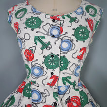 Load image into Gallery viewer, 50s WAFFLE COTTON NAUTICAL ANCHOR LANTERN AND COMPASS NOVELTY PRINT DRESS - S