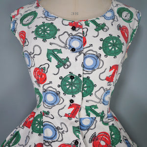 50s WAFFLE COTTON NAUTICAL ANCHOR LANTERN AND COMPASS NOVELTY PRINT DRESS - S