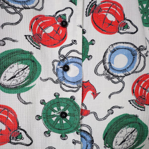 50s WAFFLE COTTON NAUTICAL ANCHOR LANTERN AND COMPASS NOVELTY PRINT DRESS - S